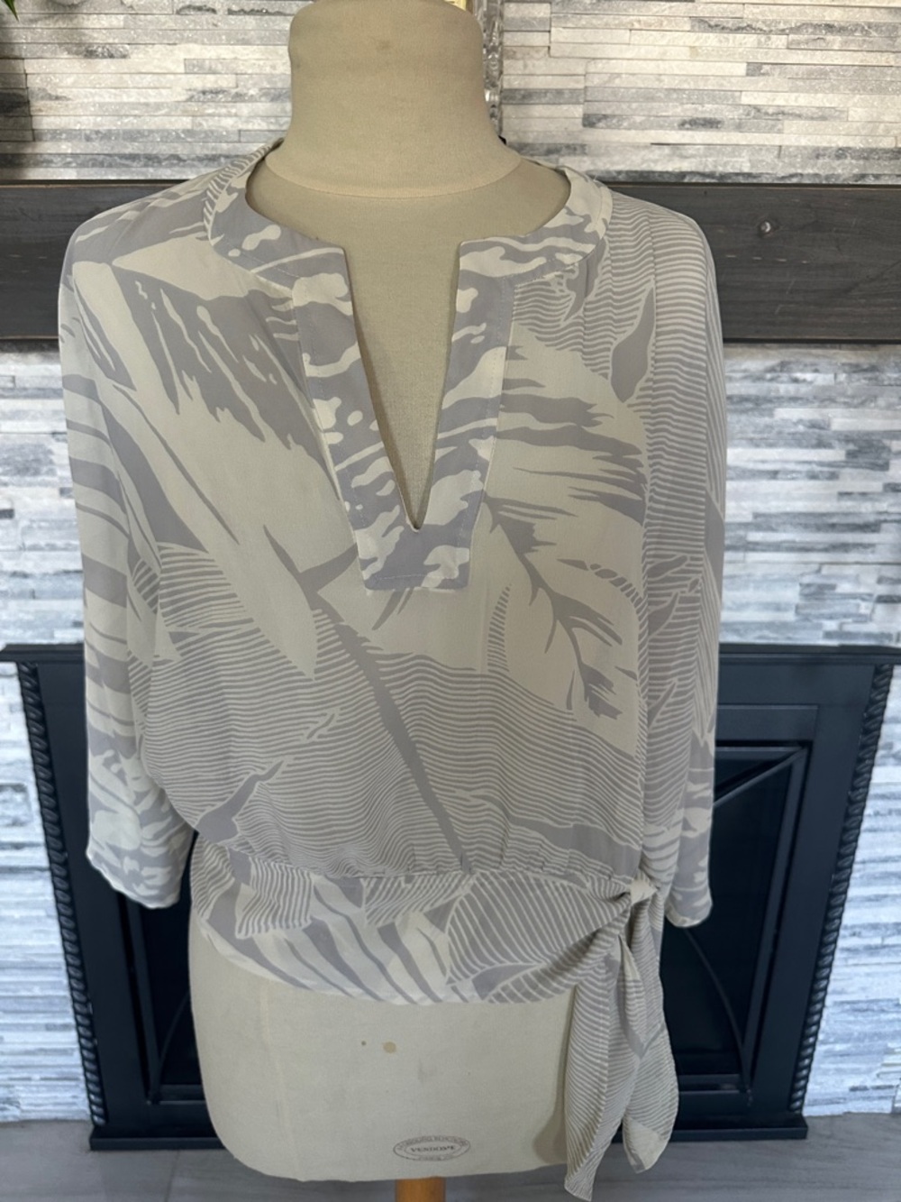 New York & Company Ivory and Light Gray Leaf-Print Blouse